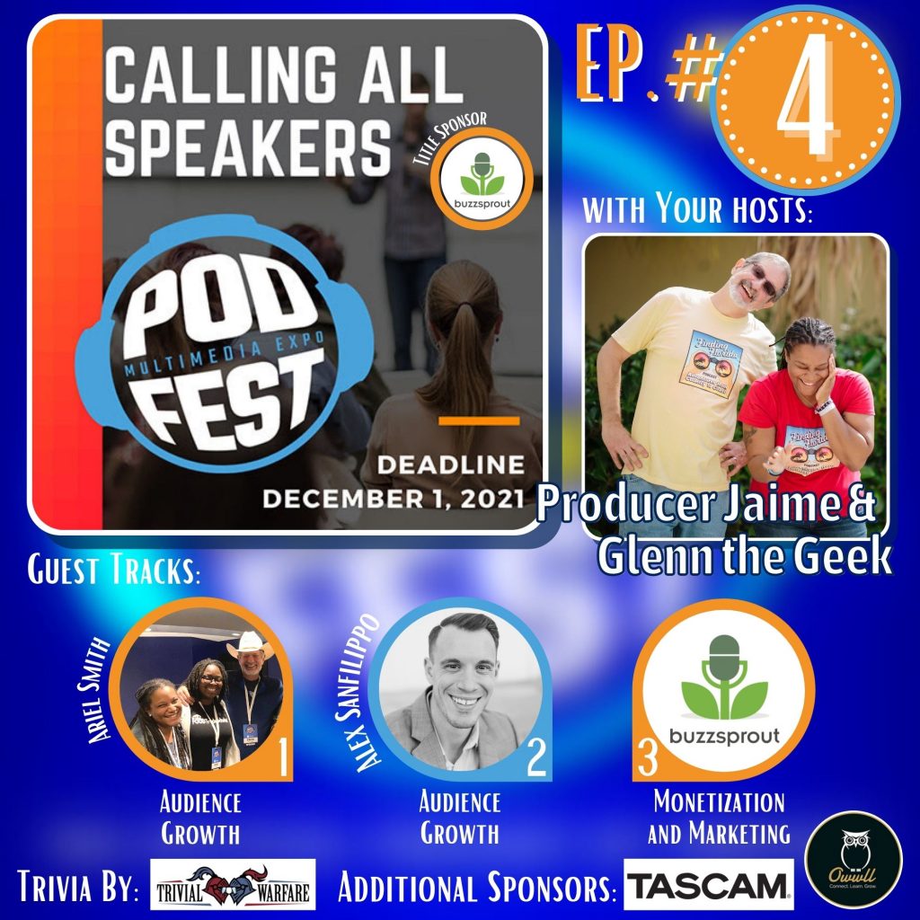 This week, Glenn the Geek and Producer Jaime share our final LIVE recording from Podfest Origins in Tampa! Ariel Smith of The Food Truck Scholar takes us down a track on Audience Growth, sharing how she's used her podcast as a positioning piece. Then, on Track 2, Alex Sanfilippo of Podmatch.com and PodcastSOP.com talks about surviving and thriving during your first year or NEXT year as a podcaster. And, our third track is a key note brought to you by our Title Sponsor, Buzzsprout! To help you out with your Monetization and Marketing, they will share how to ask for your listeners' support without sounding desperate. Plus, we'll share our latest community shout outs and reveal our trivia prize for the holidays. Welcome to the conference!