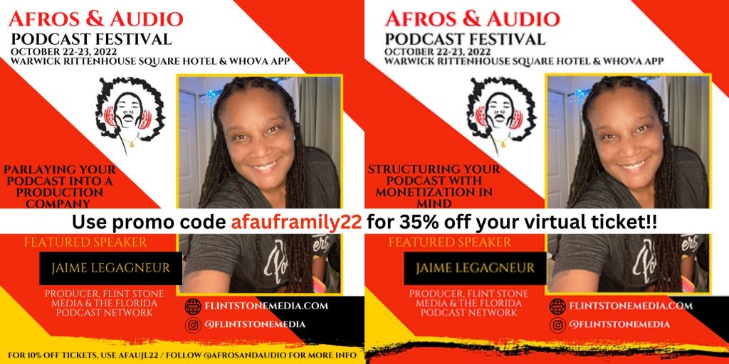 Producer Jaime will be speaking at the 4th annual Afros & Audio Podcast Festival, October 22nd-23rd! Her two presentations will be “Parlaying Your Podcast into a Production Company” and “Structuring Your Podcast with Monetization in Mind.” Though she will be presenting both virtually, the event takes place at the Warwick Rittenhouse Square Hotel in downtown Philadelphia–and you should try to be there! Join other black podcast creatives and audio professionals as they celebrate another year of community & collaboration. Don’t miss this game-changing event for independent podcast creators!