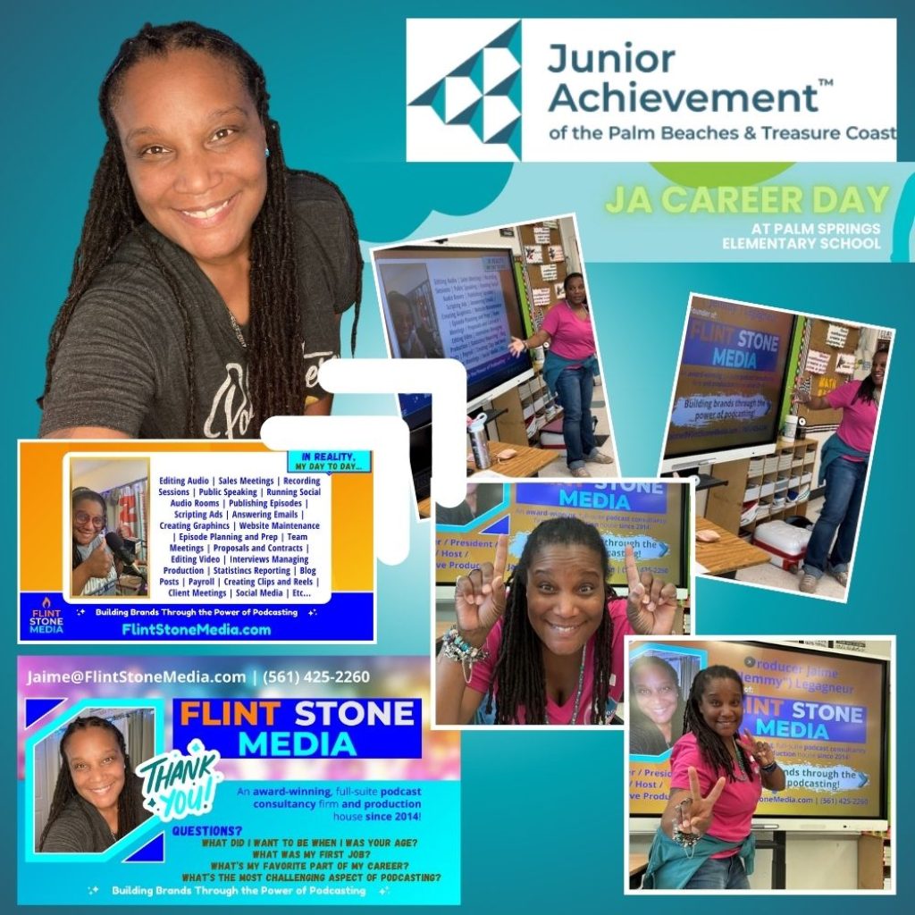 In January, Producer Jaime received an invitation from Junior Achievement of the Palm Beaches & Treasure Coast to present to several classrooms full of young minds at Palm Springs Elementary in Lake Worth Beach, FL. Junior Achievement PBTC is a nonprofit that inspires and prepares young people for success. So, Jaime was THRILLED at the invitation to share what her day-to-day is like being a business owner and podcast host/producer. The mission of Junior Achievement PBTC is 